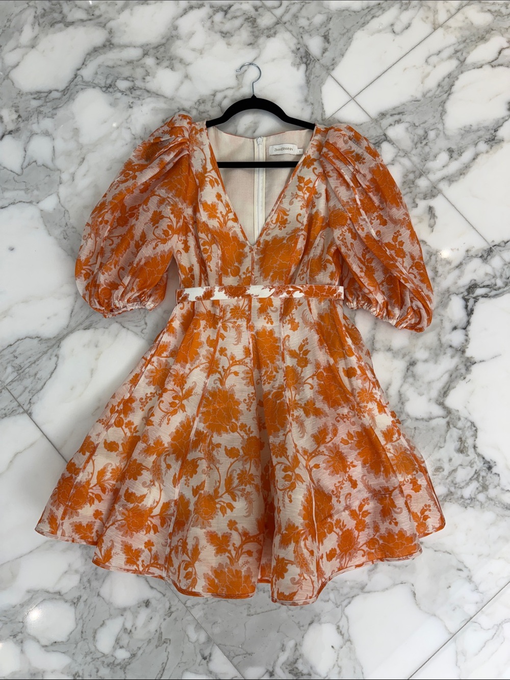 Zimmermann Orange and Cream Floral Puff-Sleeve Mini Dress